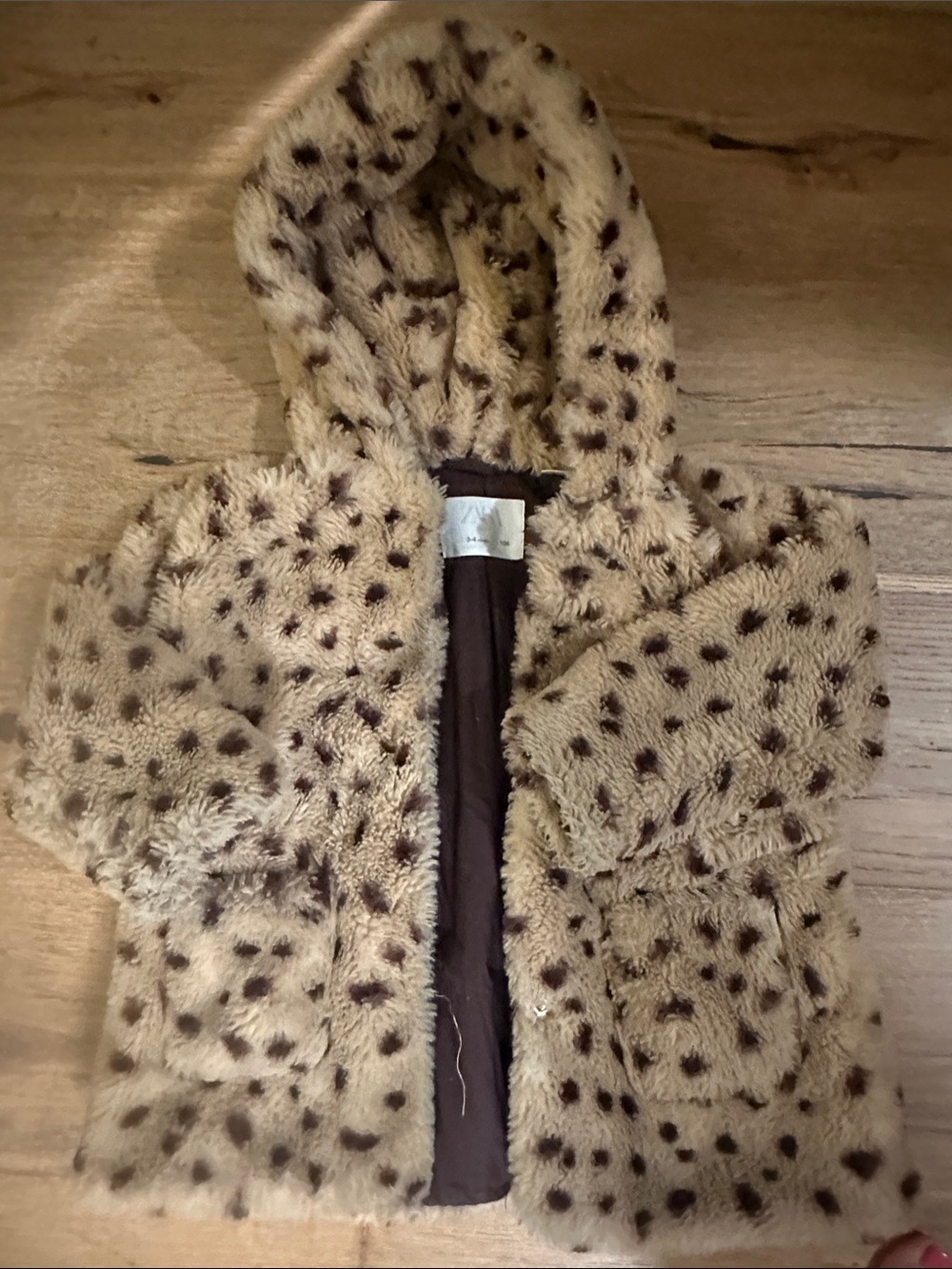 Zara Kids Hooded Faux Fur Coat in Tan with leopard print spots